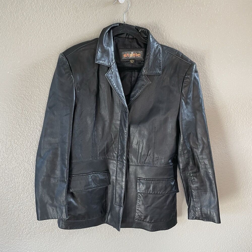 Static Leather Jacket Womens Large Black Button Front Blazer City Pockets Collar